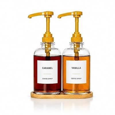 Coffee Syrup Dispenser with Tray, 2 Pack 16oz Glass Coffee Syrup Bottles with Gold Pumps, Bamboo Tray, Coffee Bar Accessories, Coffee Station Organizer for Home Coffee Bar