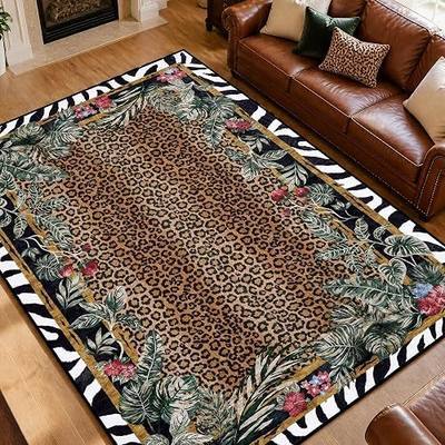 Leopard Area Rugs for Living Room 8×10, Washable Cheetah Rug with Zebra-Striped Border, Non-Slip Low Pile Animal Print Carpet for Bedroom, Dining Room, Playroom, Home Decor