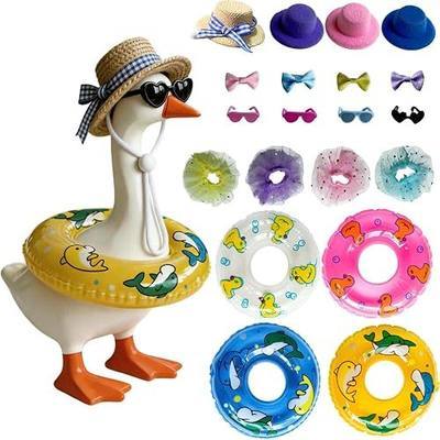 4 Sets 7 Inch Desk Goose Outfits, Mini Desk Goose Clothes with Skirts, Hats, Sunglasses, Bow Ties, and Swimming Rings for Summer Decor