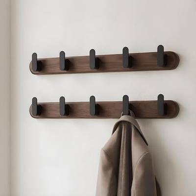 Jugen Coat Rack Wall Mount – Solid Black Walnut with 5 Heavy Duty Matte Black Hooks, Wooden Wall Coat Rack for Entryway, Coats, Hats & Bags - 19.7in, No Drill Adhesive or Hidden Screw Mount (2)