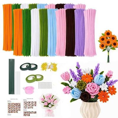 Pipe Cleaners Flower Kit, 880PCS Pipe Cleaners Craft Bouquet Making Kit with Floral Wires & Tape, DIY Chenille Stems Craft Supplies Pastel Pipe Cleaners Flowers for Creative Gift and Home Decor