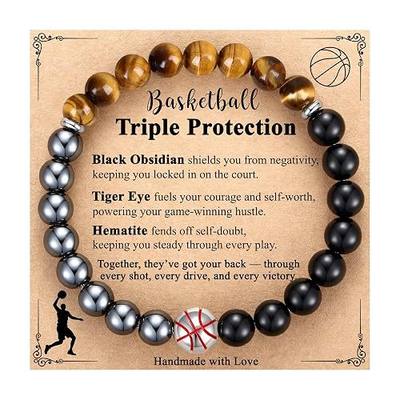 AryaHozel Soccer Football Basketball Baseball Bracelets for Boys Men, Triple Protection Hematite Black Obsidian Tiger Eye - Gifts for Son Grandson Team Player Coach Fan, Size 7.0"/8.0"