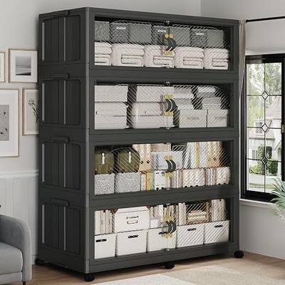 960QT Extra Large Stackable Storage Bins with Lid, 240Gal Plastic Closet Organizers and Storage Drawer, Collapsible Cabinet Box with Wheels Clear Doors for Home Kitchen Garage, 4Pack Black