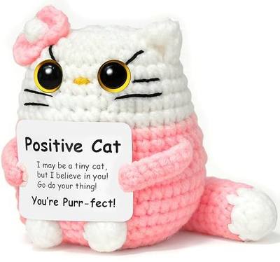 Positive Crochet Cat Animal Emotional Support Crochet Cat Handmade Crochet Animals Lover Gifts for Women Men,Funny Mini Birthday Pink Cat Decor Mom Grandma Daughter Son Friends