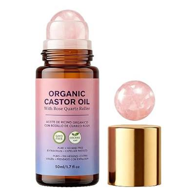 Castor Oil Rose Quartz Roller Ball, Travel Size, 1.7 oz | Cold-Pressed Castor Oil Roll On with Refillable Rose Quartz Roller, for Face, Hair & Body, Leak-Proof Design