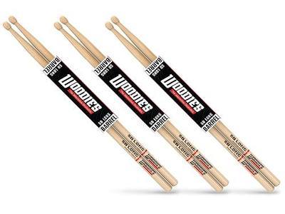 Woodies 5B Drumsticks 3-Pack — Long Barrel Tip Hickory Drum Sticks for Louder, Warmer Tone & Richer Cymbal Wash — Front-Weighted Wood Tip Sticks for Rock, Live & Loud Drummers (16.33" x 0.59")
