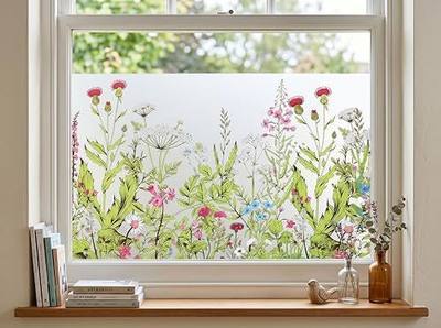 Static Cling Window Privacy Film, 78" x 17" Frosted Glass Covering with Wildflower & Botanical Patterns, Removable No Glue Window Film for Home Bathroom Bedroom Office (Wildflower)