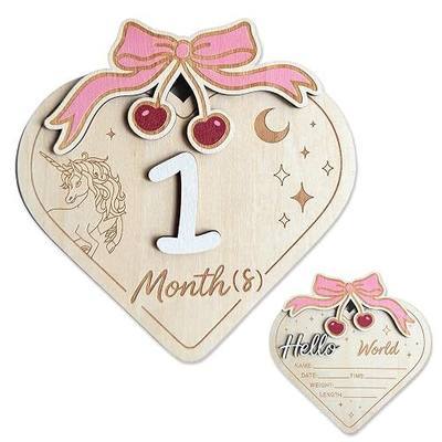 2 in 1 Double Sided Baby Announcement Sign for Girl - Hello World Newborn Wooden Milestone Sign, Reusable 1-12 Month Markers, Pink Bow Double-Sided Birth Photo Props for Baby Shower Nursery Decor Keepsake