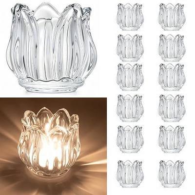 Votive Glass Tealight Candle Holders, Candles Not Included (Transparent Tulip-12 Pcs)