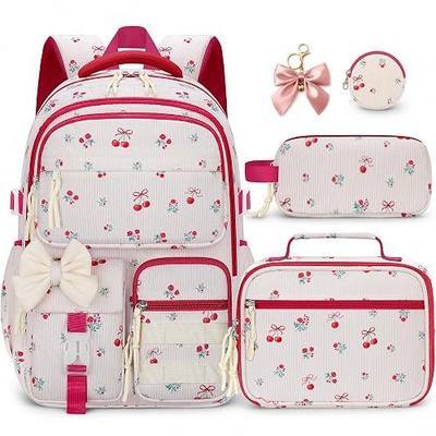 Girls Backpack with Lunch Box, 4 PCS Corduroy School Bookbag for Girls | Cute Elementary Backpack for Kids & Teens