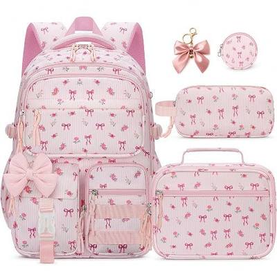 Girls Backpack with Lunch Box, 4 PCS Corduroy Pink Bow School Bookbag for Girls, Cute Elementary Large Laptop Backpack for Kids & Teens