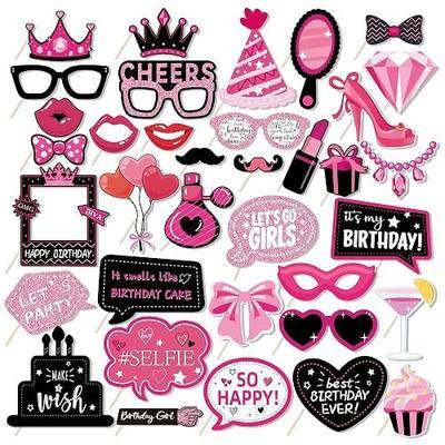 36pcs Birthday Photo Booth Props Birthday Party Favors Supplies Funny Selfie Props with Real Glitter Designs for Bday Party Decor Bachelorette Bridal Shower Pink Party Supplies (Pink)