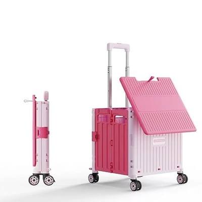 Foldable Utility Cart with Stair Climbing Wheels, Collapsible Rolling Crate with Telescoping Handle, Folding Shopping Trolley Handcart Grocery Book File Tool Teacher Storage Basket (Pink, 4 Wheels)