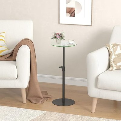 sthmec Round Side Table, Glass End Table, Small Round Coffee Table, Black | Tall Metal Side Table, Glass Nightstand Cocktail Table, Height Adjustable Drink Tables for Small Spaces, Living Room, Bedroom