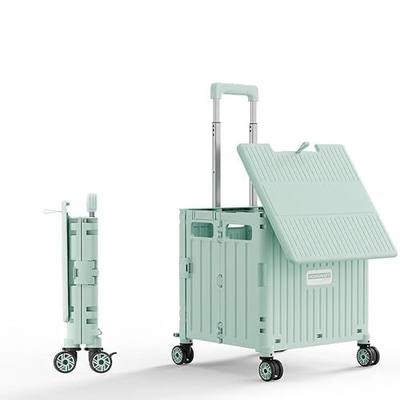 Foldable Utility Cart with Stair Climbing Wheels, Collapsible Rolling Crate with Telescoping Handle, Folding Shopping Trolley Handcart Grocery Book File Tool Teacher Storage Basket (Green, 4 Wheels)