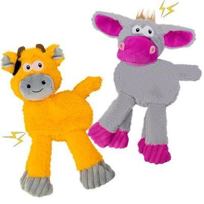 No Stuffing Dog Toys 2 Pack Squeaky Crinkle Plush Animal Toy | Small Medium Dogs Gray Donkey Orange Cow Interactive Floppy Toy Set for Boredom Relief puppy teething snuggle cuddle