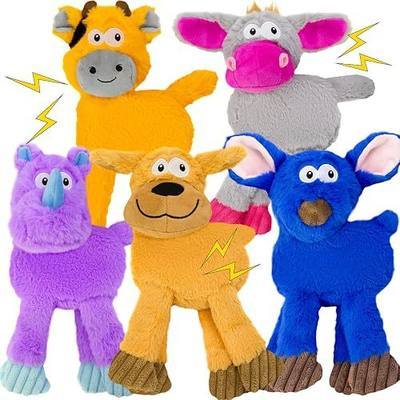 No Stuffing Dog Toys 5 Pack Squeaky Crinkle Plush Animal Toys | Purple Rhino, Orange Cow, Yellow Dog, Gray Donkey Small Medium Dogs, Interactive Floppy Toy Set for Boredom Relief