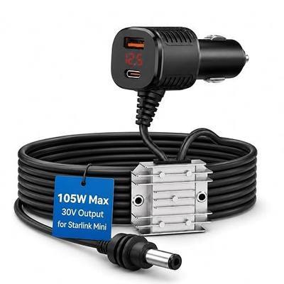 Starlink Mini Car Adapter 105W, Reduce Reboots While Driving | Starlink Mini 12V Power Adapter with USB-A & USB-C, Stable 30V Power Supply, Voltage Display for RV, Truck, Boat, 9.8FT