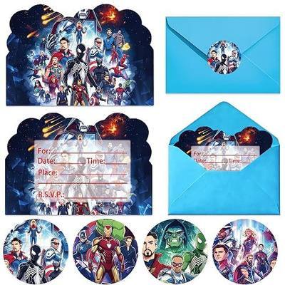 16pcs Super Theme Hero Birthday lnvitation Cards Gift Cards with Envelopes and 16pcs Cartoon Stickers Party Decorations for Theme Party Supplies 4x6 Inches