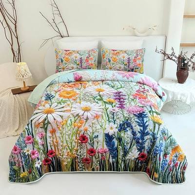 Floral Quilt Set, Wildflower Daisy Print Bedspread, Colorful Botanical Garden Theme, with Pillow Shams (Light Green, King)