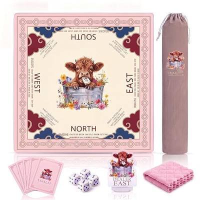 Pink Mahjong Mat with Carrying Bag and Accessories for Game Night | 32.68x32.68 inch, highland cow pattern, waterproof surface, non slip rubber base, noise dampening fabric, rules, dice