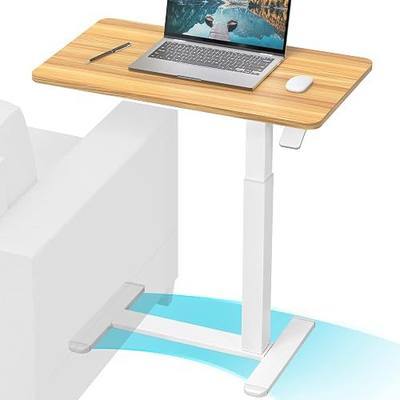 SHW Height Adjustable Mobile Laptop Desk w/Pneumatic Lift, Oak | Height Adjustable from 26" to 41.7" | Compact C-Shaped Side Table for Home Office and Bedside