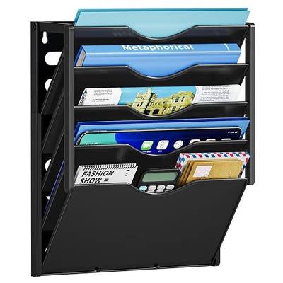 Marbrasse 5 Tier Wall File Organizer, Plastic Hanging File Holder for Mail, Magazines Paper Organizer Wall Mounted for Office Home (Black)