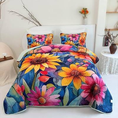 Floral Quilt Set, Wildflower Daisy Print Bedspread, Colorful Botanical Garden Theme, with Pillow Shams (Mixing Colors, Twin)