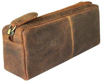 Leather Pencil Case for Men & Women, Full Grain Pen Pouch with YKK Zipper | Stationery Organizer, Lightweight Easy to Carry in Backpacks or Laptop Bags, Gift for Teachers, Professionals & Artist, Brown