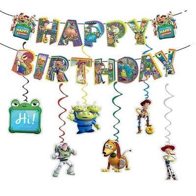 For Toys Happy Birthday Banner, Party Decoration With 6 Vortex Decorative Pendants