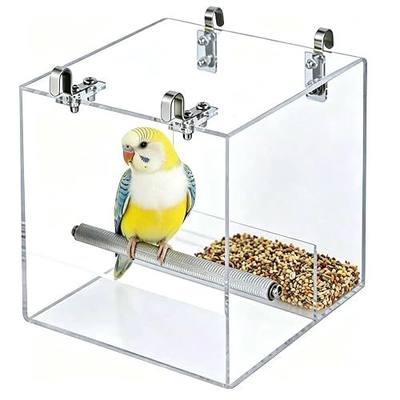 Automatic Bird Feeder for Cage, Automatic Acrylic Bird Feeder No Mess Bird Cage for Small Bird Parrots Canary Parakeet Budgerigar Crested Myna Cockatiel (L: 6.2" x 6.3" x 6.3")
