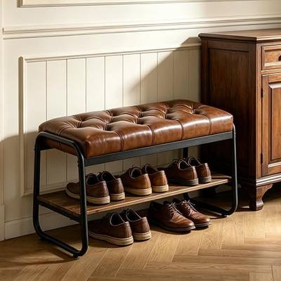 Forteek 32'' Tufted Shoe Bench, Entryway Bench with Shoe Storage Shelf | Upholstered Faux Leather Padded Seat & Metal Frame, Industrial Shoe Rack Bench for Hallway, Bedroom, Foyer(Brown)