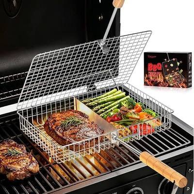 Grill Baskets for Outdoor Grill,Removable Wooden Handle and Divider Panel,BBQ Accessories for Grilling Fish,Veggies,Shrimp,Meat,Premium 304 Stainless Steel,Grilling Tools for Outdoor Cooking & Picnics,Gifts for Father’s Day,Birthday,Festival,Anniversary