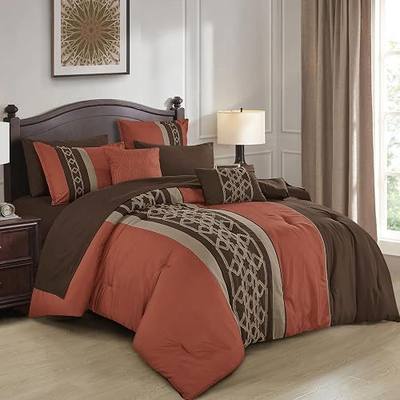 ESCA Brown Rust Comforter Set with Sheets King 9 Piece Bed in a Bag, Chocolate Burnt Orange Color Block Bedding