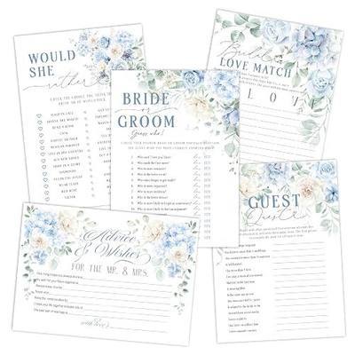 Bridal Shower Games Set of 5 for 30 Guests, Something Blue Floral Wedding Shower Games, Bride or Groom, Would She Rather, Guest Quest, Bridal Love Match, Advice and Wishes Cards
