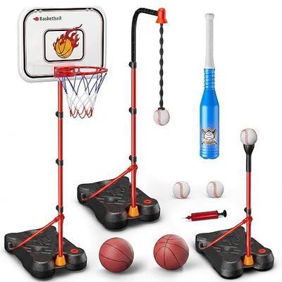 Kids Basketball Hoop Set with T Ball Stand, 4 in 1 Adjustable Kids Sports Toy Indoor Outdoor, Basketball Goal for Kids 2 to 8, Easy Setup, Durable Base, Gift Toy