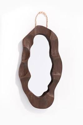 Handmade Rustic Wood Framed Wall Mirror, Wavy Irregular Oval Shape | Boho Style, Hanging Rope with Beads, Home Decor