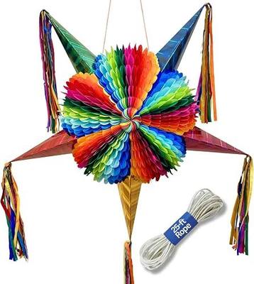 Mexican Piñata – 32-Inch Dopamine Brights Large Pinata, Folded, 25-ft Rope | Holds 4 Lbs Candy or Filler, Handmade in Mexico, Extra Large Piñata for Birthday, Quinceañera, Rainbow Mexican Fiesta Decor