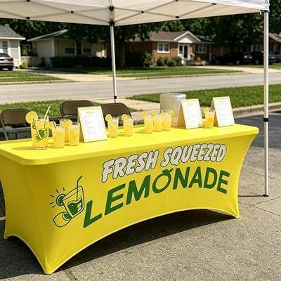 Elastic Lemonade Stand Table Cloth – 70"x30" Fitted Polyester Table Cover for 6 Ft Rectangle Table – Cute Lemon Pattern – Washable & Stain Resistant for Lemonade Stand Supplies (yellow table cloth)