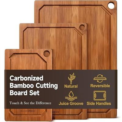 Carbonized Bamboo Cutting Boards for Kitchen Set of 3 Knife-Friendly | Reversible Wood Cutting Board, Non-Slip Chopping Boards with Juice Grooves & Side Handles for Meat, Veggies, Fruits & Serving
