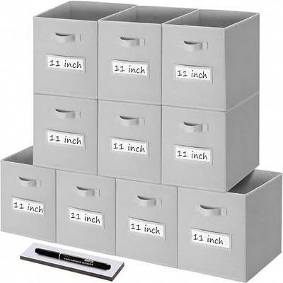 Storage Bins, (Set of 10) 11 Inch Cube Storage Bin with 10 Labels Window Cards & a Pen, Fabric Storage Cubes for Shelves, Light Grey