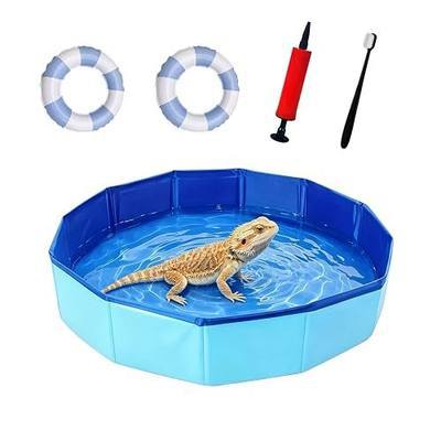 Foldable Bearded Dragon Bathtub with 2Pcs Reptile Mini Swimming Rings & Pump and 1Pcs Soft Brush, Bearded Dragon Accessories, Small Pet Bath Accessories (Blue)