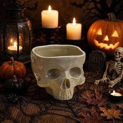 Food Safe Ceramic Skull Bowl, Halloween Candy Bowl for Cereal Pasta Ice Cream, Microwave Dishwasher Skeleton Head Desk Decor (300, ml/min)