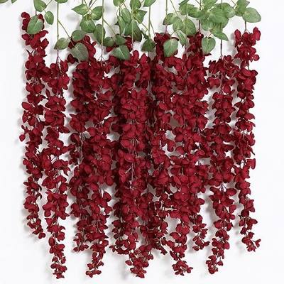 mizii 6Pcs Burgundy Wisteria Hanging Flowers 48" Silk Wisteria Artificial Flowers Garland Vines Fake Hanging Flower Decoration for Wedding Wall Backdrop Centerpieces Party Room Decor (Burgundy Red)