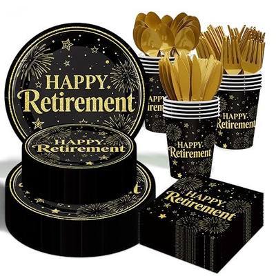 Retirement Party Plates and Napkins Set, 350Pcs Happy Retirement Party Supplies Black and Golden Disposable Dinnerware Tableware Graduations Decorations Supplies for Women Men, Serves 50 Guests