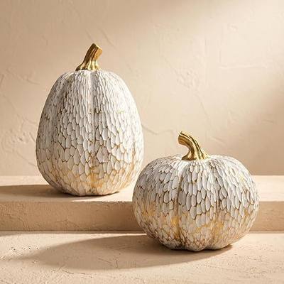 White and Gold Fall Pumpkin Decor, Small Decorative Thanksgiving Pumpkins | Set of 2 Resin Artificial Pumpkins for Modern Autumn Home, Kitchen Decor, Mantel, Table Centerpiece