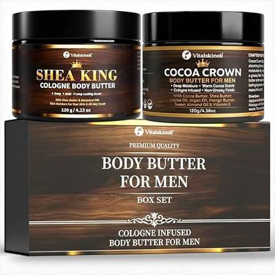 Body Butter for Men skincare Shea King & Cocoa Crown, Cologne Scented Duo. | Pheromone body butter set for men combines cologne-inspired skin care, men’s grooming, and daily moisturizing benefits