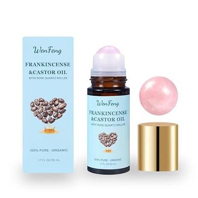 Frankincense and Organic Castor Oil with Rose Quartz Roller Ball | 100% Castor Oil Organic Cold Pressed,Hexane-Free,for Face,Dark Circles,Fine Lines,Under Eyes and Skin,50ml/1.7fl oz