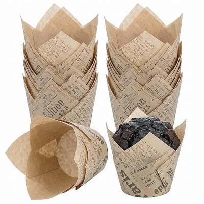200 Pcs Newspaper Tulip Cupcake Liners for Baking, Natural Color | Standard Greaseproof Tulip Muffin Liners for Baking, 3oz Newspaper Paper Cupcake Wrappers for Party Wedding Birthday