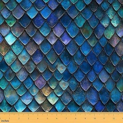 Castle Fairy Fish Scale Fabric by The Yard Dragon Mysterious Mermaid Girls Women Sewing Fabric Crafts Dreamy Ocean Style Abstract Home Accents Crafting Supplies 2 Yards,72" L x 59" W Blue Green